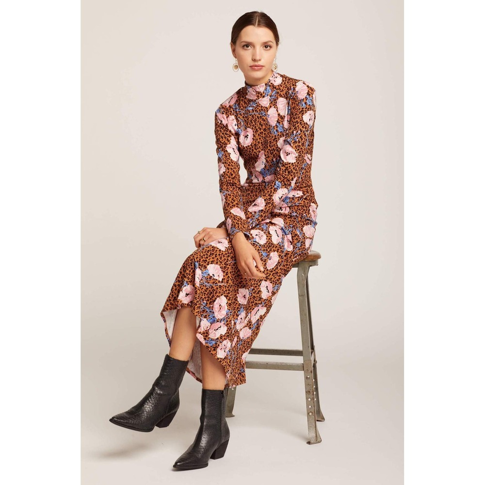 Free People Retro Romance Maxi Dress Medium Brown Pink Leopard Floral Mock Neck